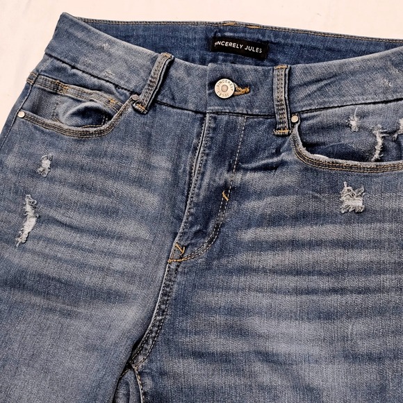 Sincerely Jules Flare Jeans 5 27 Distressed Blue Bell Bottom Denim Raw Hem - Picture 6 of 10